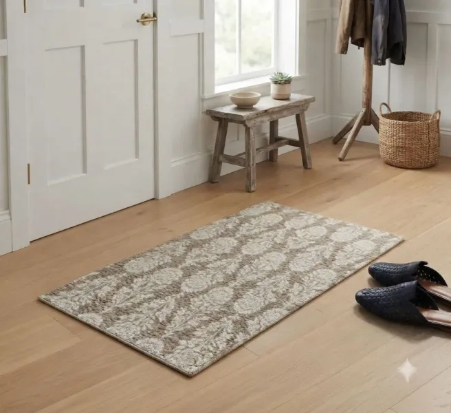 Vintage Floral Block Print Cotton-Polyester Accent Rug / Mat (20x32